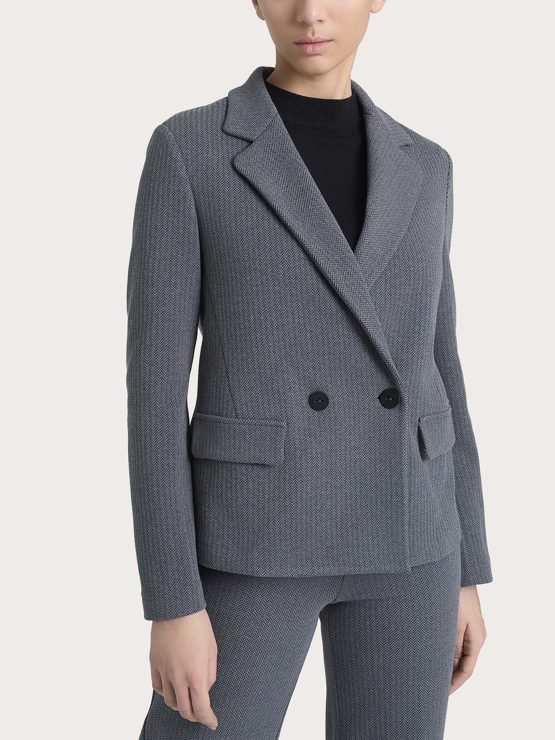  Blazer doppio petto con fantasia a spina di pesce in Eco Jacquard Neri Donna - Ragno
