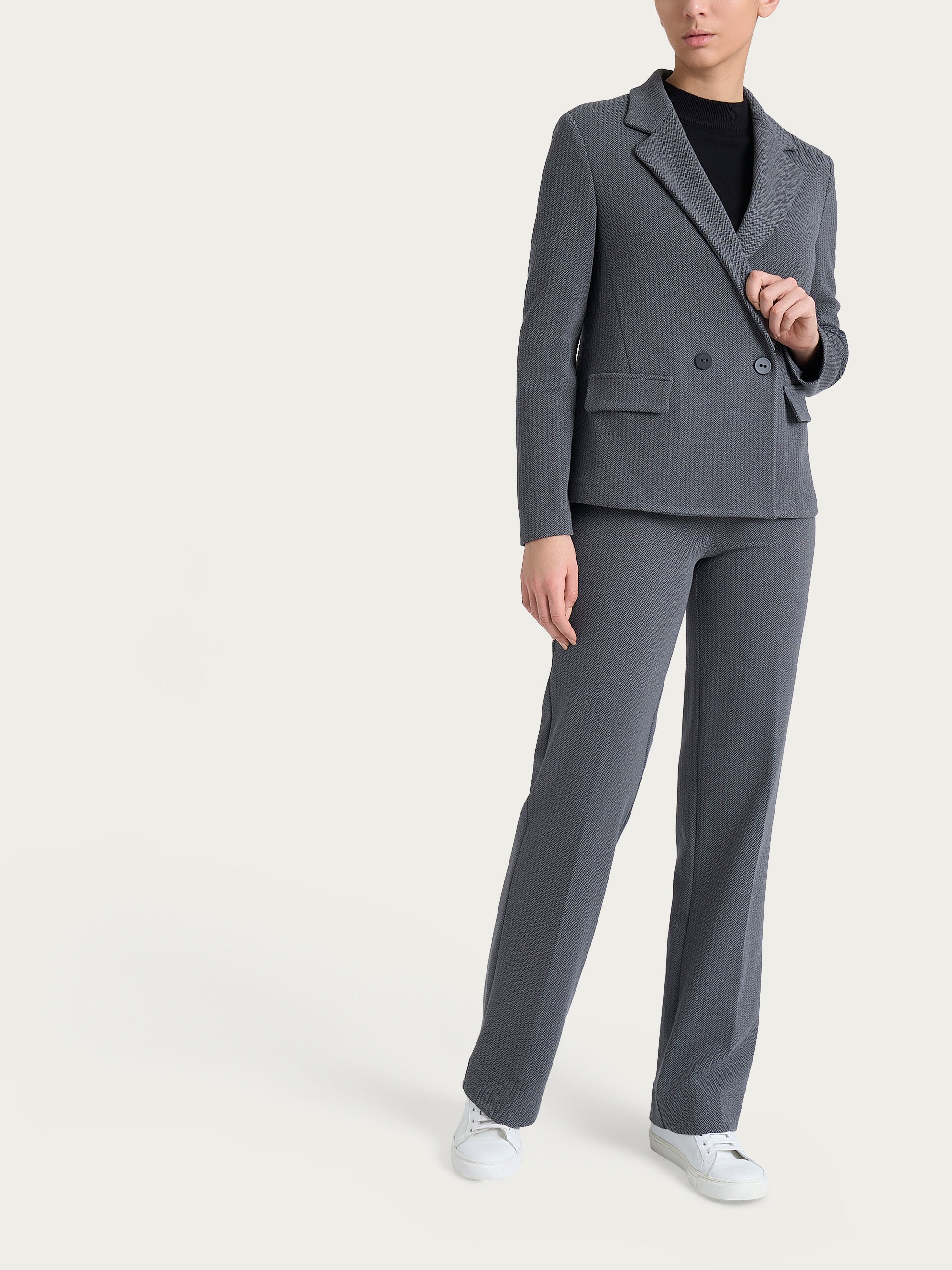  Blazer doppio petto con fantasia a spina di pesce in Eco Jacquard Neri Donna - Ragno