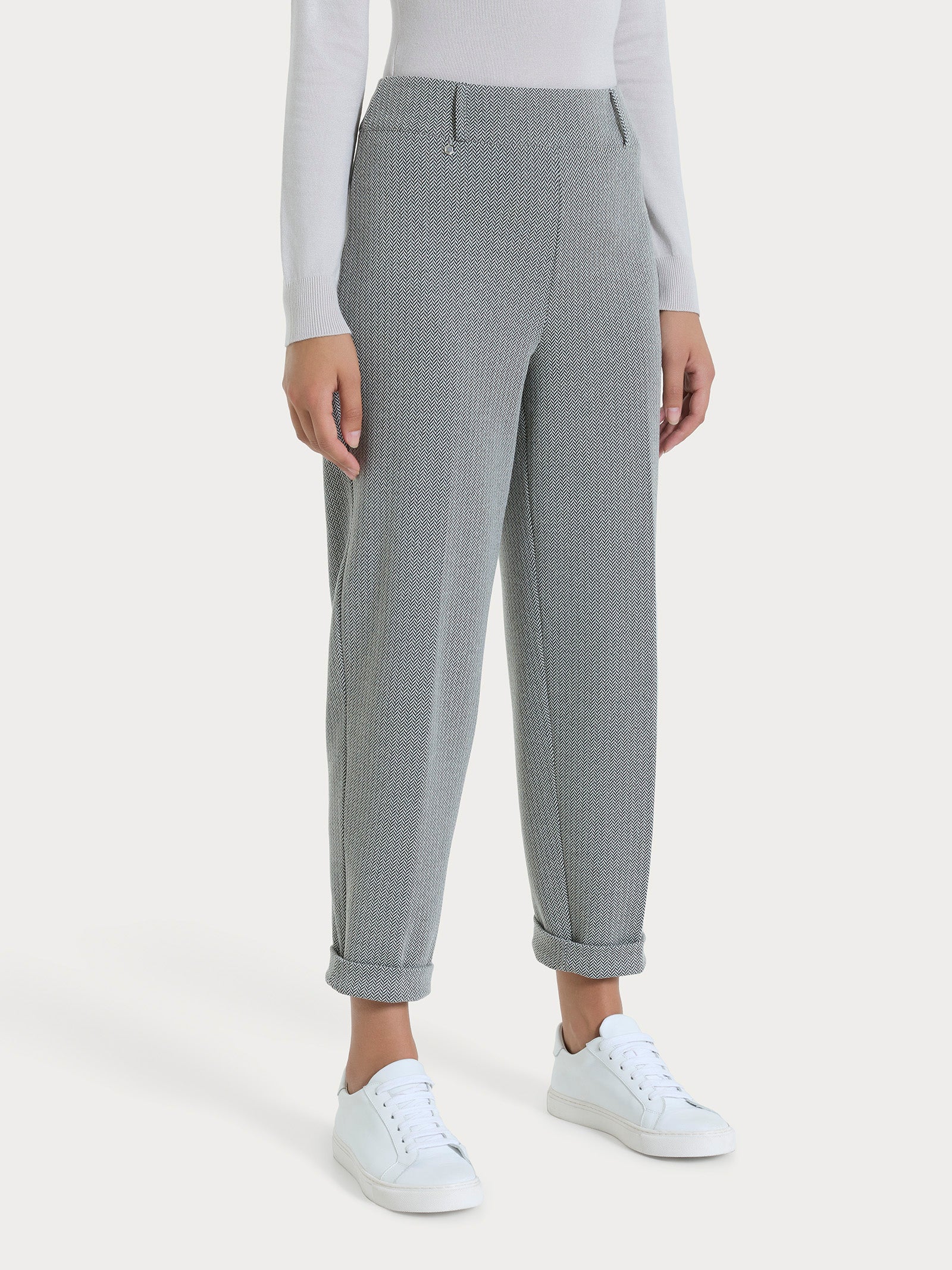 Pantalone a carota con fantasia a spina di pesce in Eco Jacquard Neri Donna - Ragno