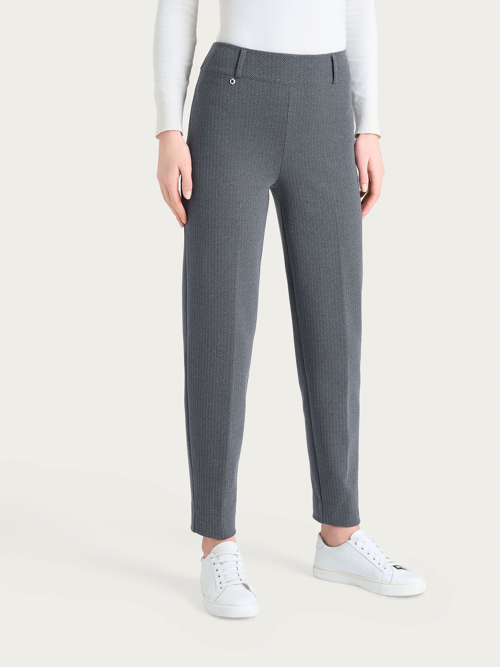 Pantalone a carota con fantasia a spina di pesce in Eco Jacquard Neri Donna - Ragno
