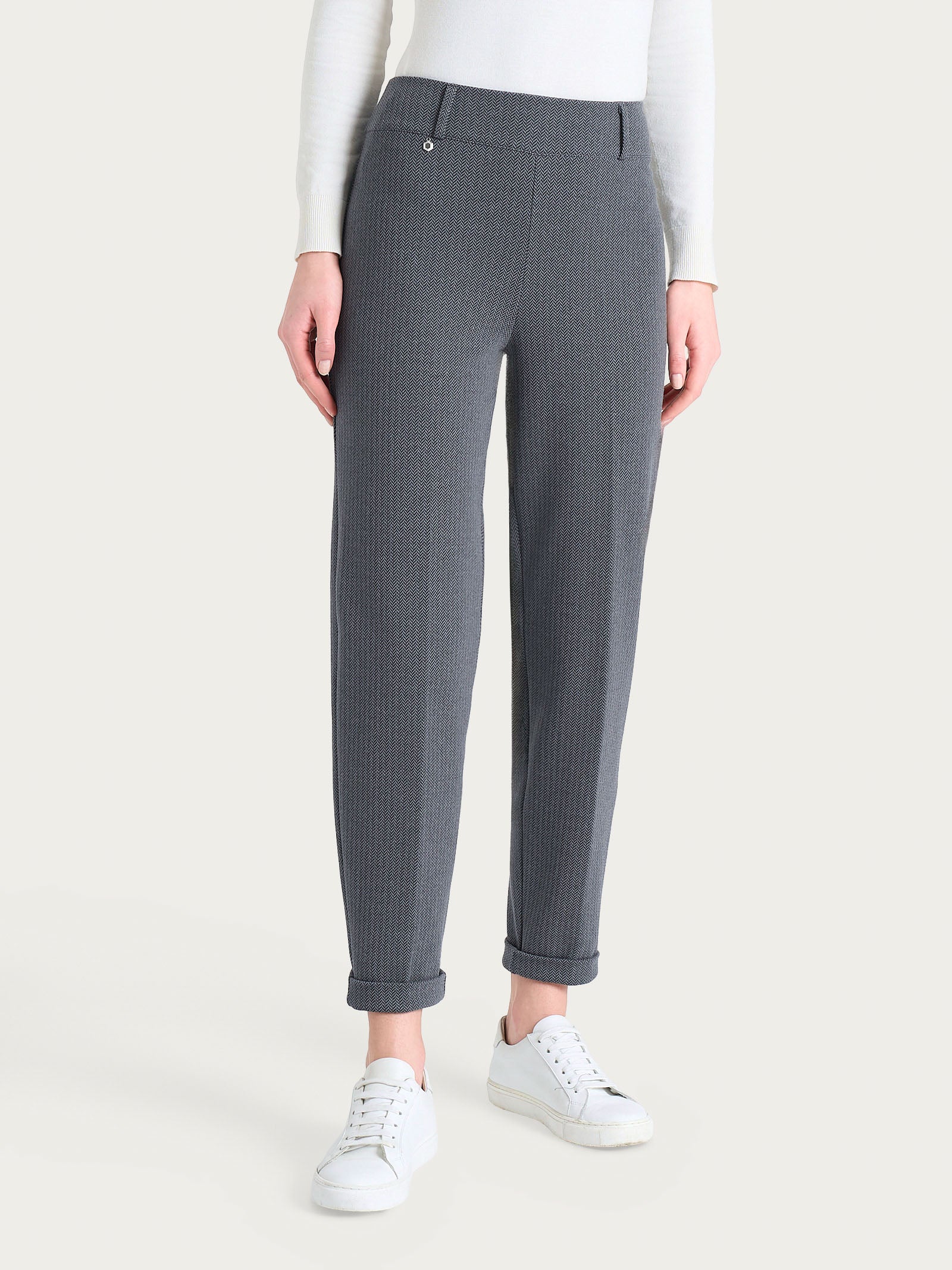 Pantalone a carota con fantasia a spina di pesce in Eco Jacquard Neri Donna - Ragno