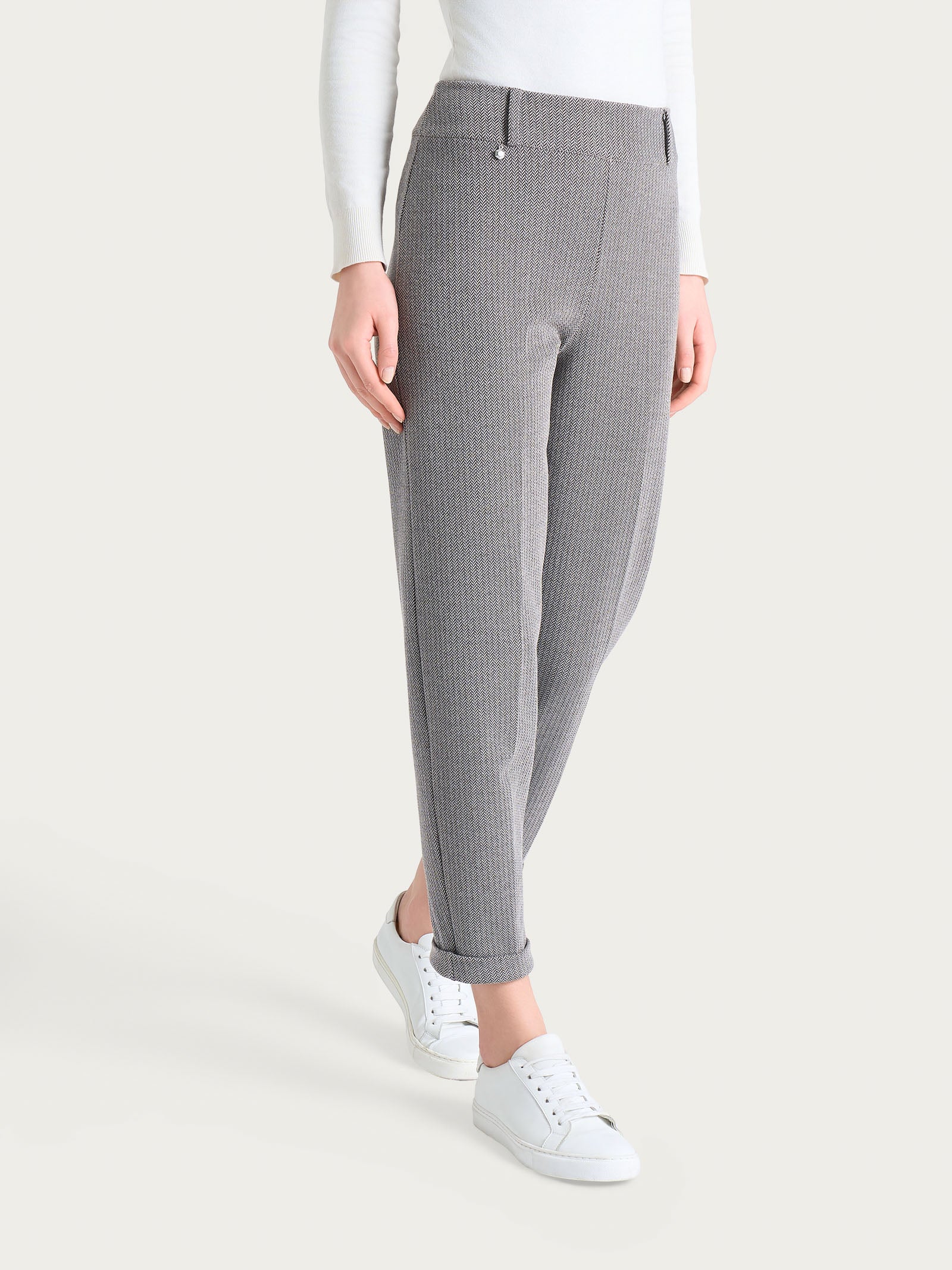 Pantalone a carota con fantasia a spina di pesce in Eco Jacquard Marroni Donna - Ragno