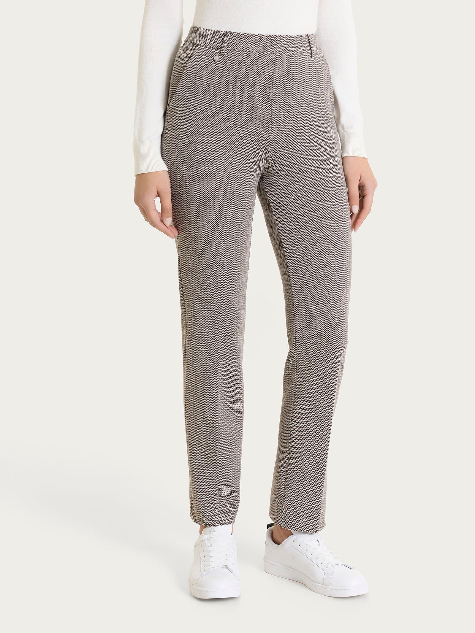 Pantalone dritto con tasche e fantasia a spina di pesce in Eco Jacquard  Marroni Donna - Ragno