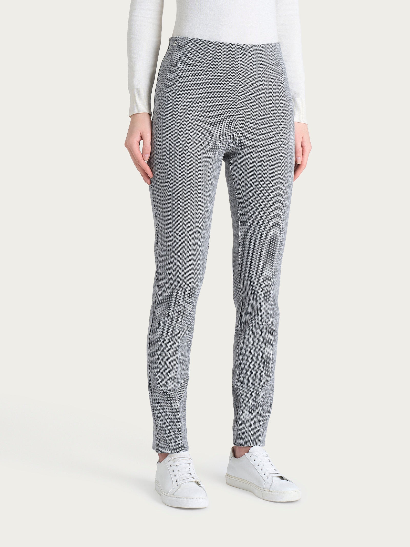 Pantalone a sigaretta con spacchetti e fantasia a spina di pesce in Eco Jacquard Neri Donna - Ragno