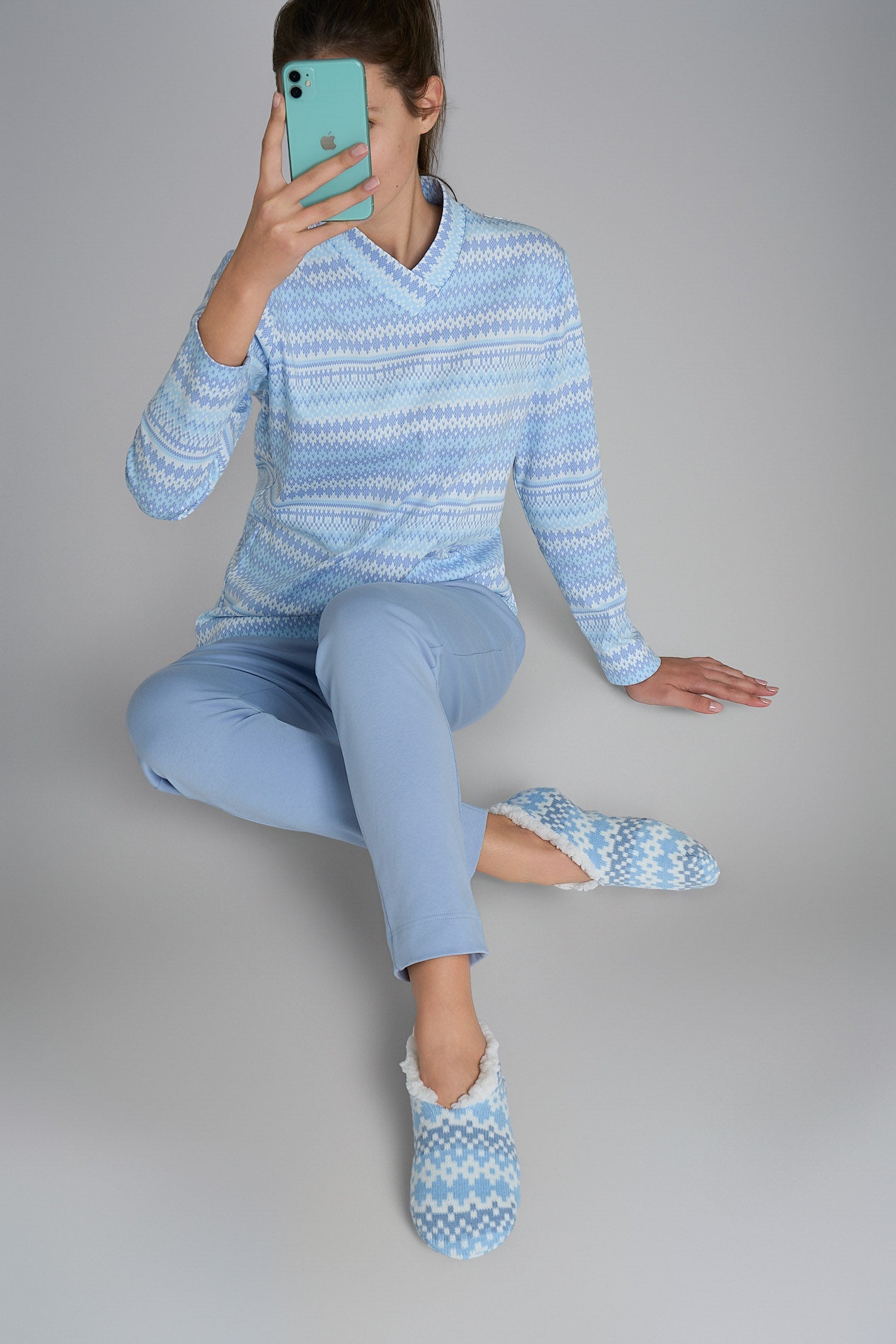 Pigiama con scollo a V in Interlock di cotone  Azzurri Donna - Ragno