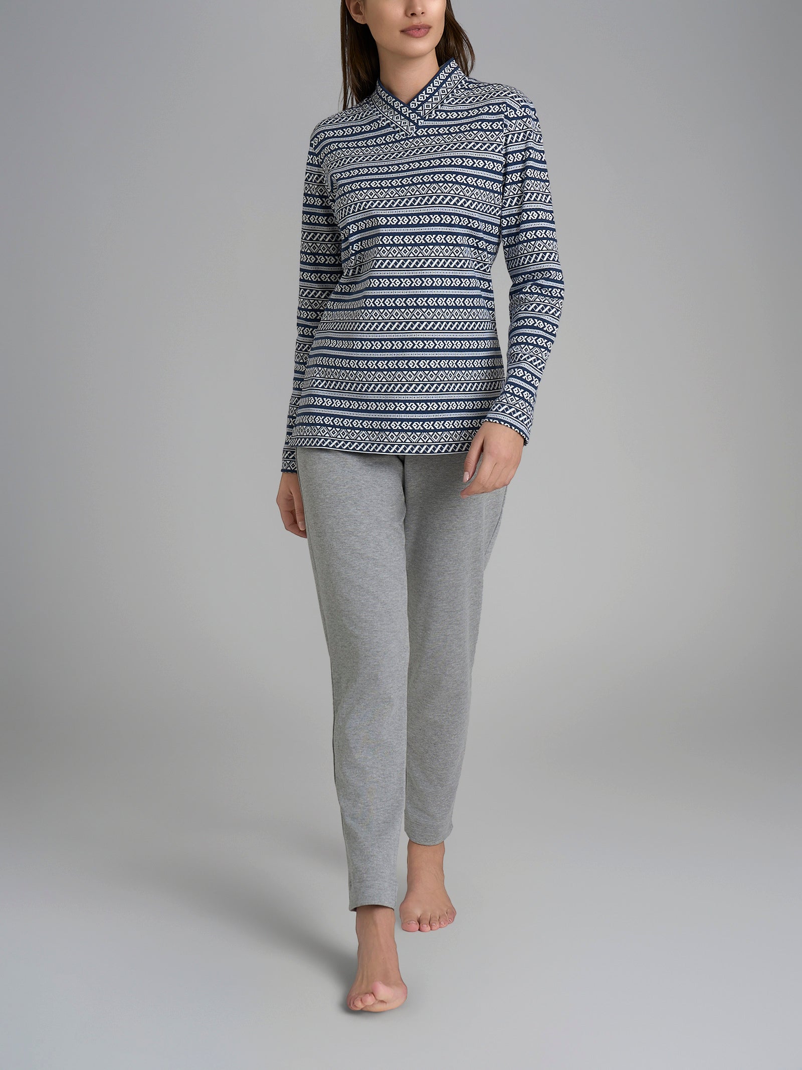 Pigiama nordico con scollo a V in interlock di cotone Blu Donna - Ragno