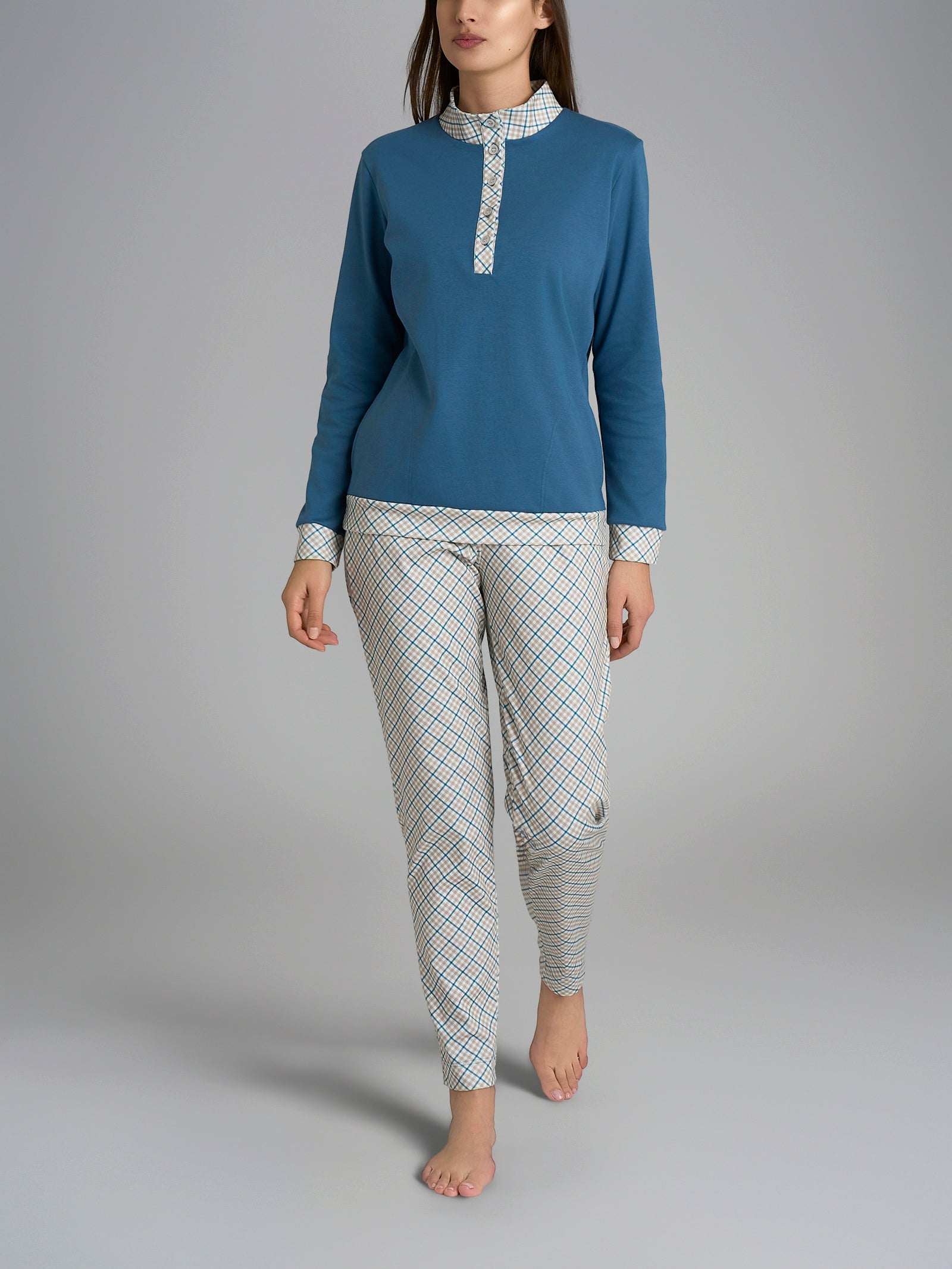 Pigiama lupetto con fantasia tartan in Interlock di cotone Azzurri Donna - Ragno