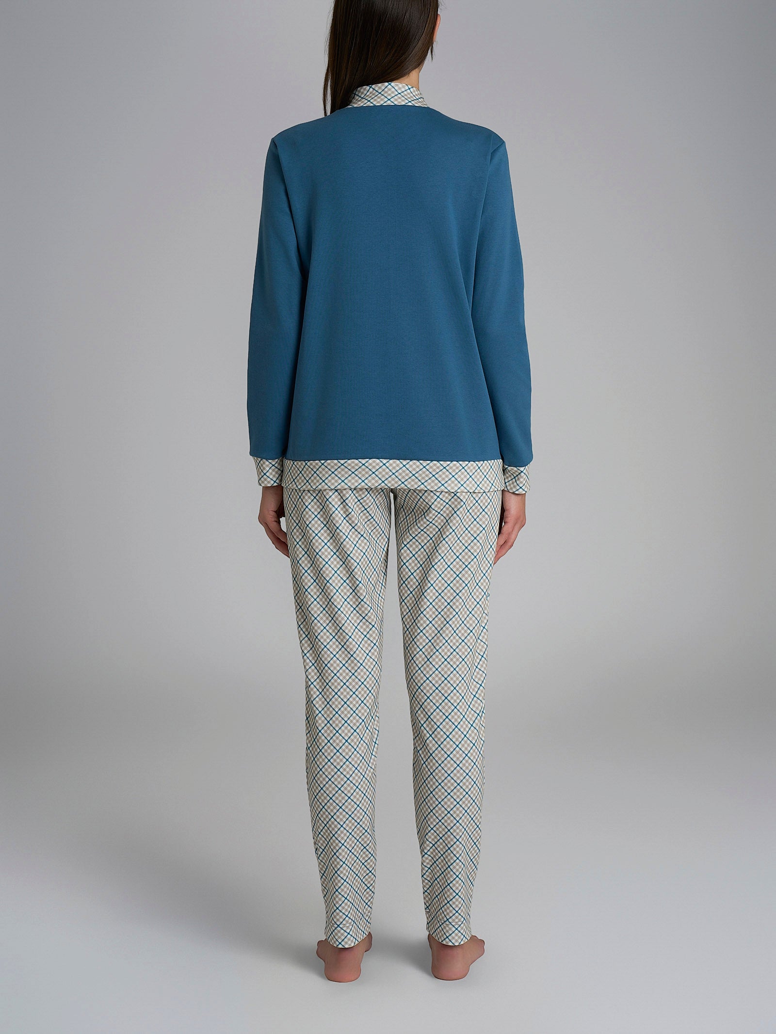 Pigiama lupetto con fantasia tartan in Interlock di cotone Azzurri Donna - Ragno