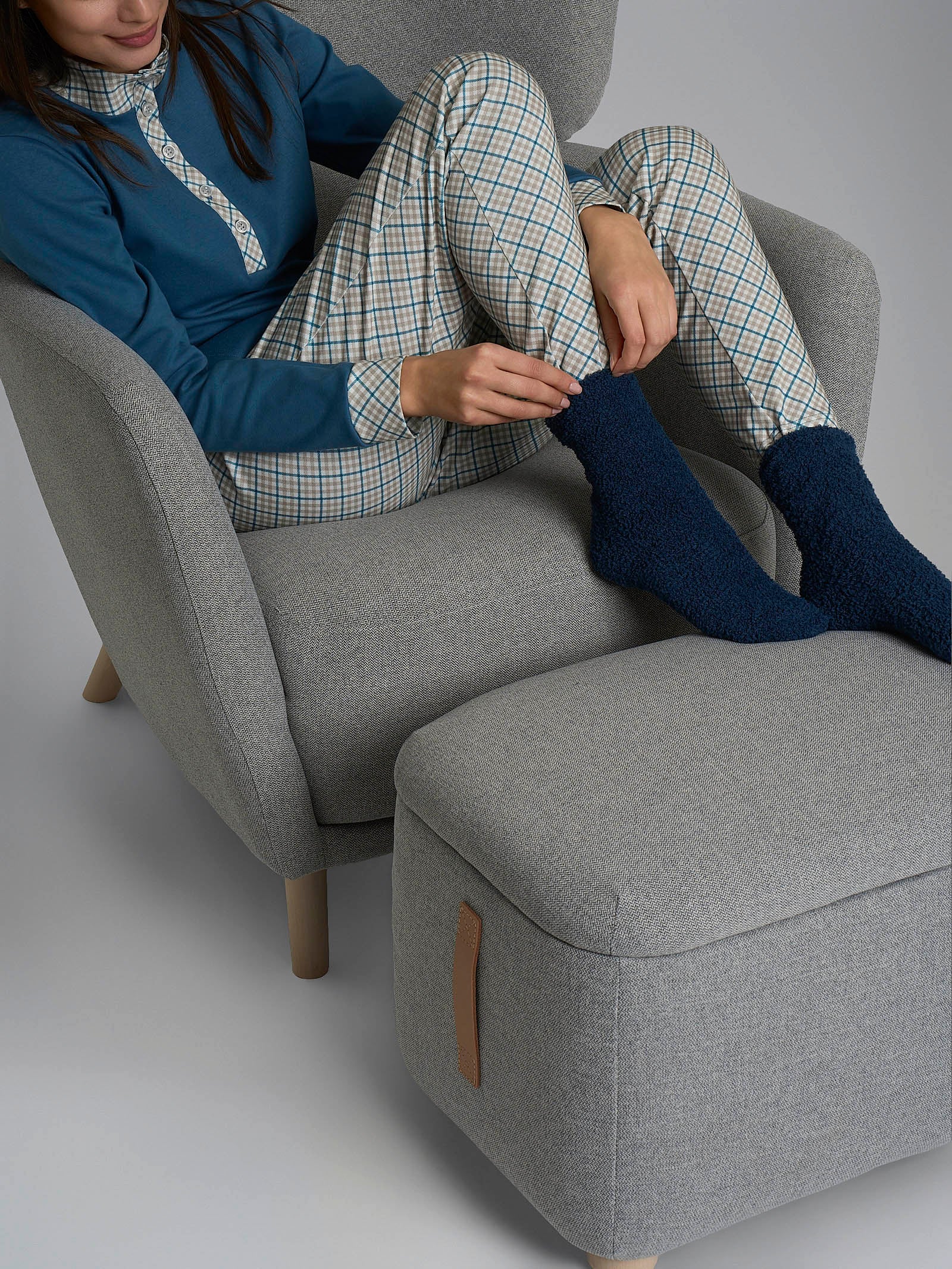Pigiama lupetto con fantasia tartan in Interlock di cotone Azzurri Donna - Ragno