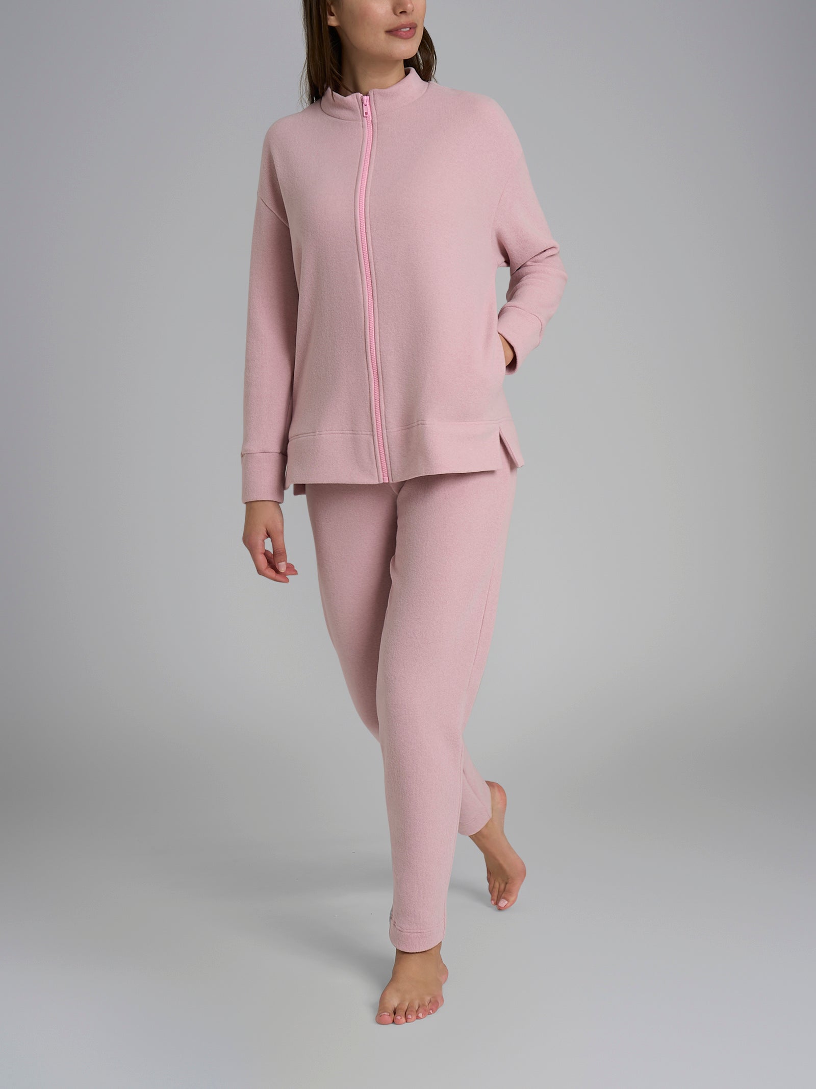 Pigiama con zip in tinta unita in Cotton Eco Pile Rosa Donna - Ragno