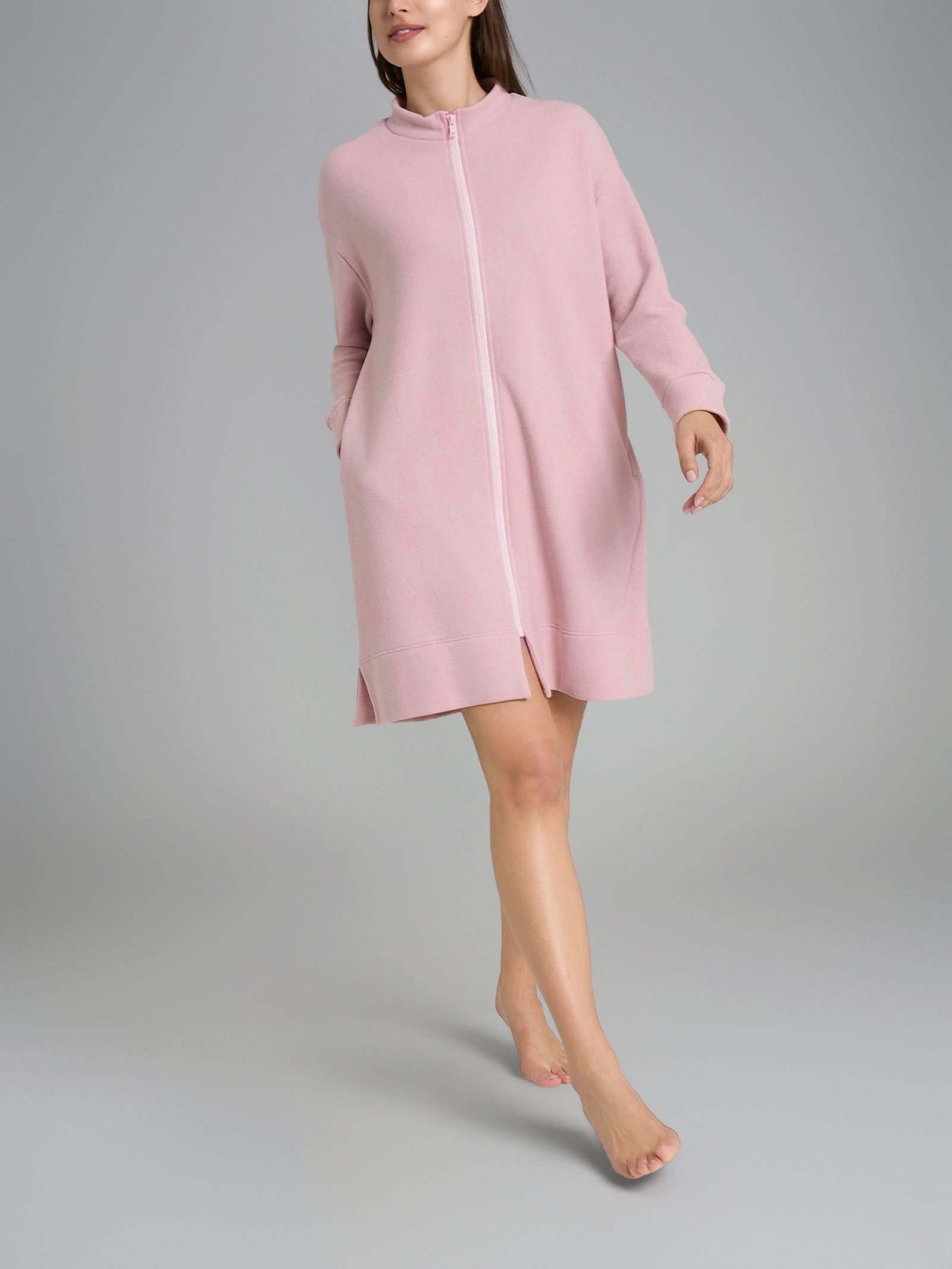 Vestaglia con zip in tinta unita in Cotton Eco Pile Rosa Donna - Ragno