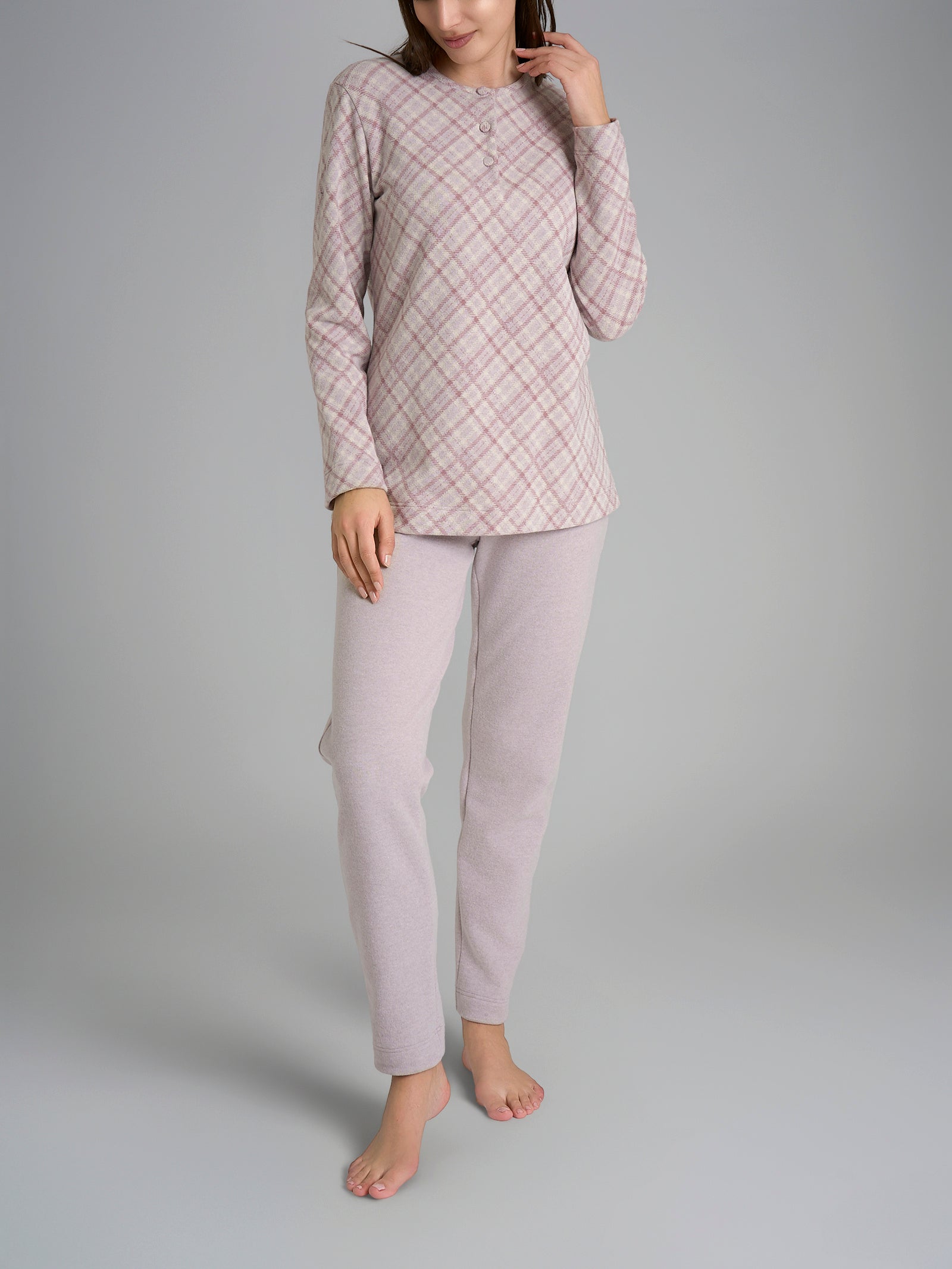 Pigiama serafino con fantasia in Cotton Eco Pile Viola Donna - Ragno