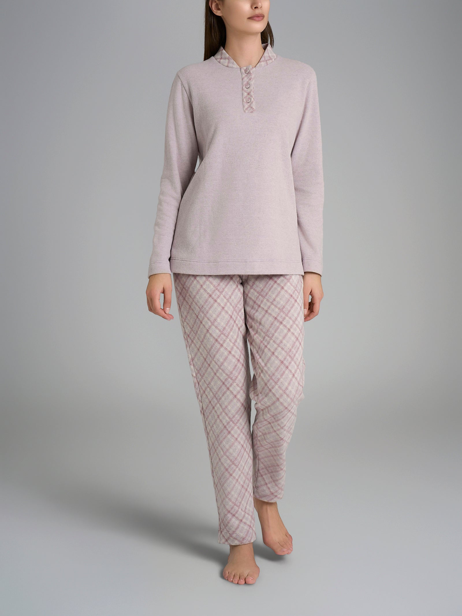 Pigiama collo a serafino con bordo in Cotton Eco Pile Viola Donna - Ragno