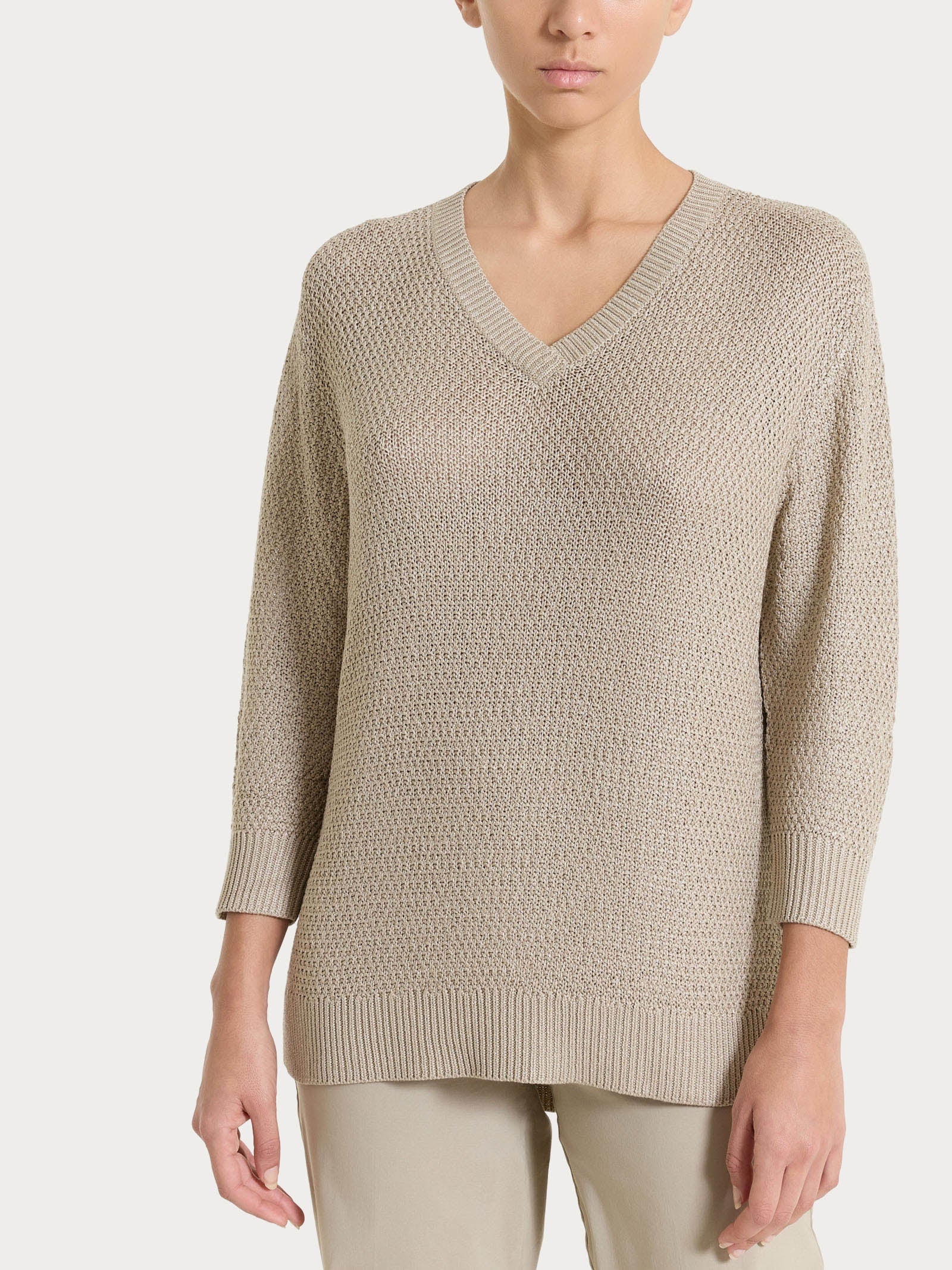 Maglia con scollo a V in Lurex Rice Stitch Marroni Donna - Ragno