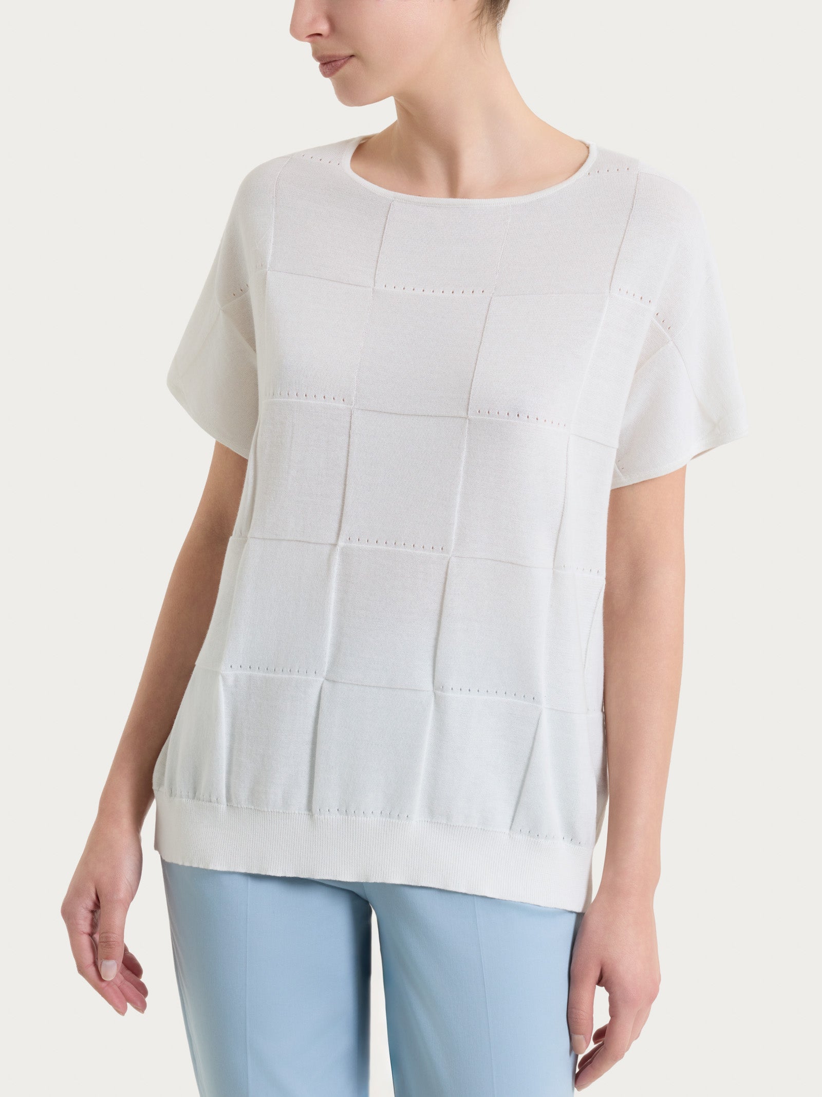 Maglia a manica corta con fantasia check in Puro Cotone Bianchi Donna - Ragno