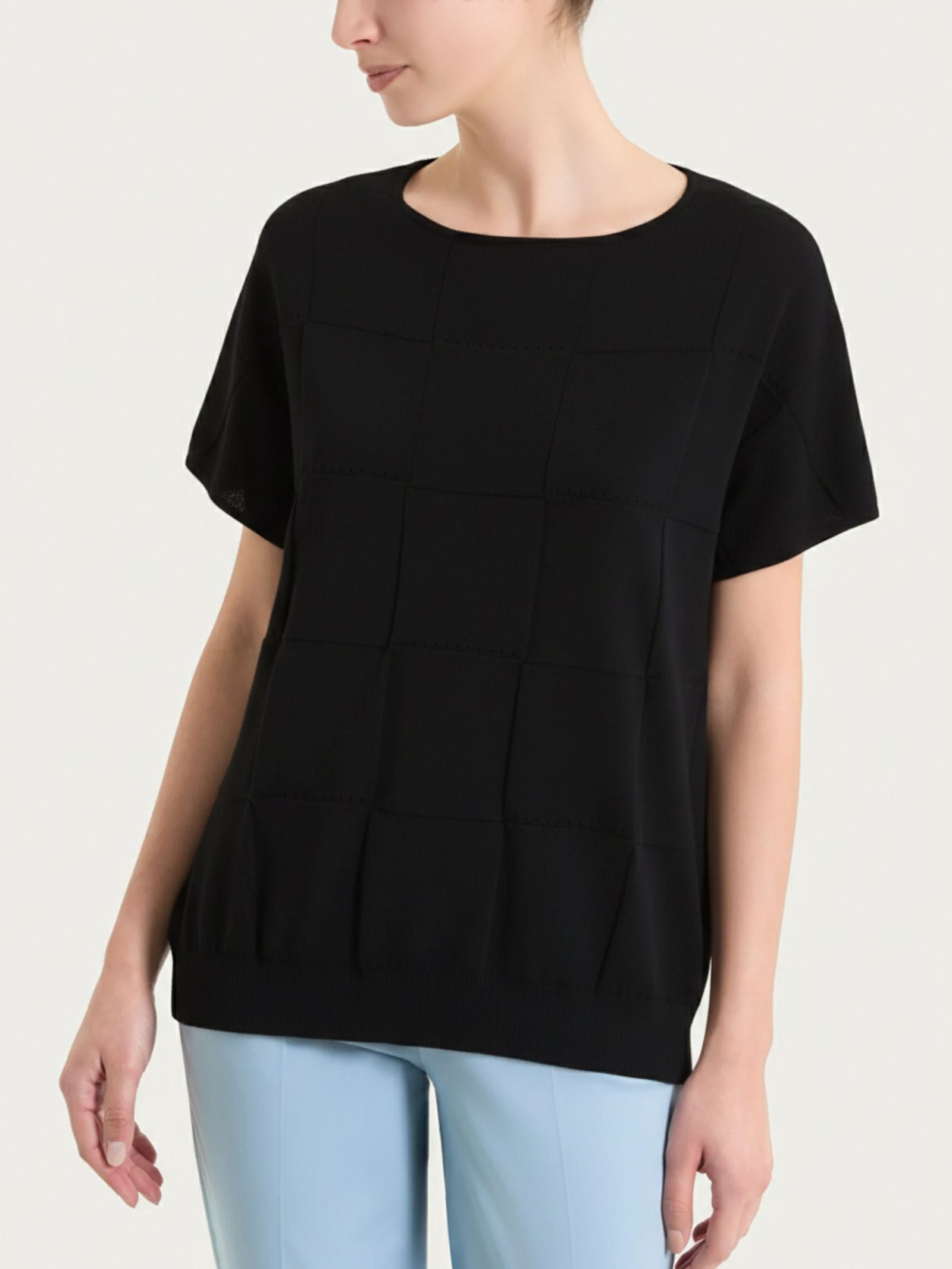 Maglia a manica corta con fantasia check in Puro Cotone Neri Donna - Ragno