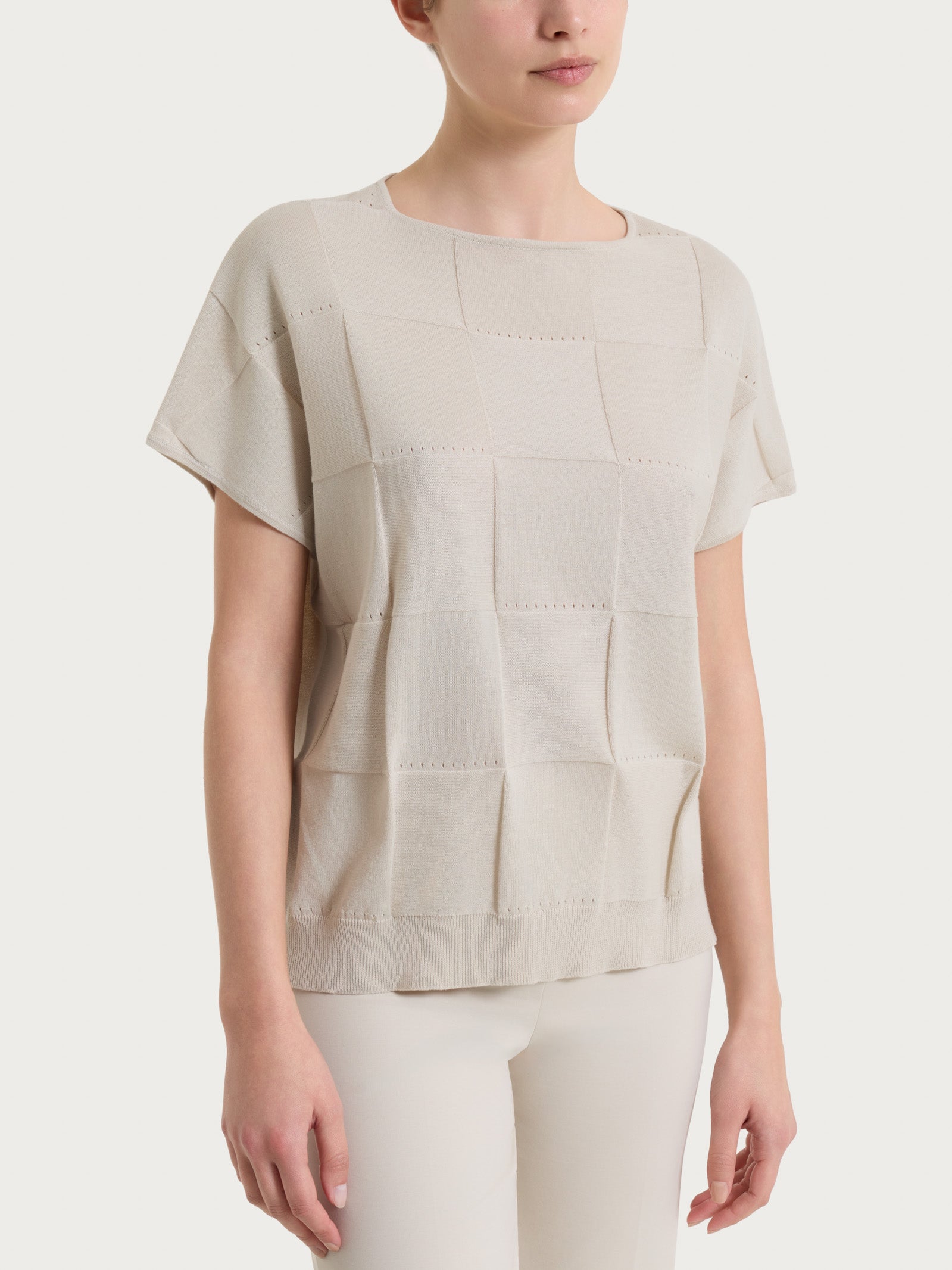 Maglia a manica corta con fantasia check in Puro Cotone Bianchi Donna - Ragno