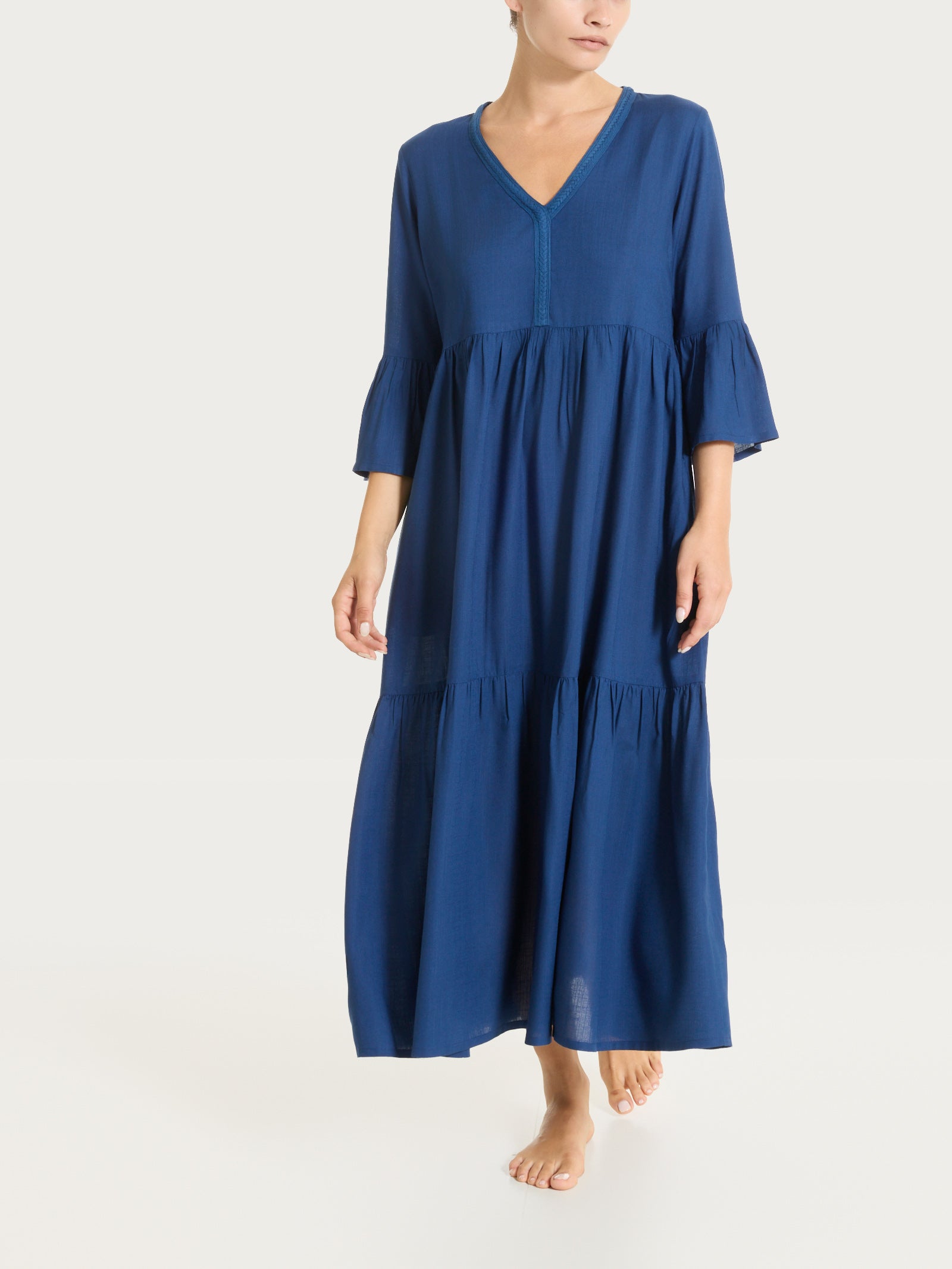Langes Kleid mit Rüschen aus blauem Musselin Slub Woman - Ragno