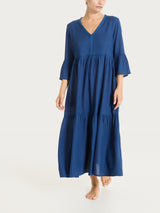 Langes Kleid mit Rüschen aus blauem Musselin Slub Woman - Ragno