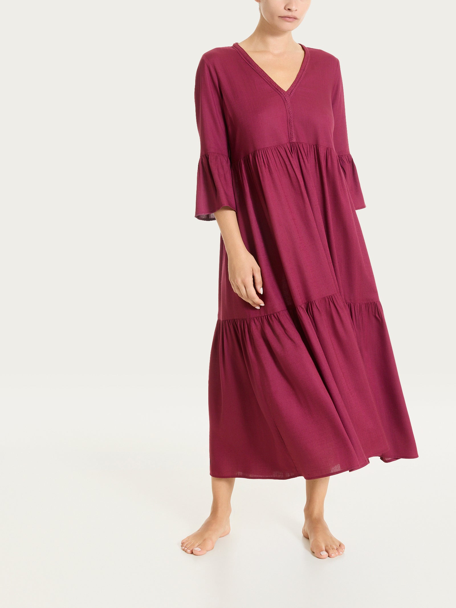 Rotes Musselin Slub Langes Kleid mit Rüschen - Ragno