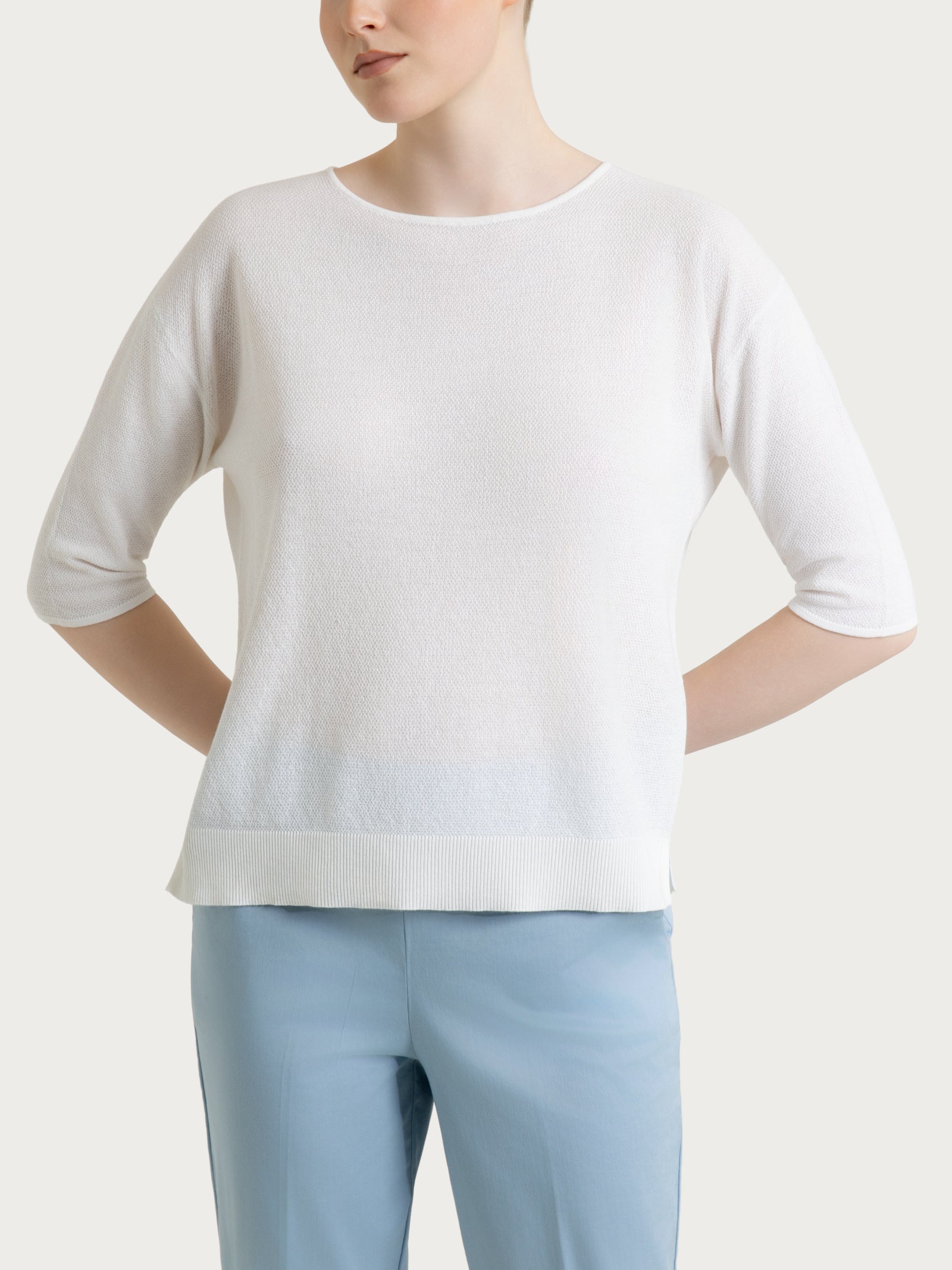 Pullover mit Rundhalsausschnitt aus reiner Baumwolle mit Piqué-Muster Bianco Donna - Ragno