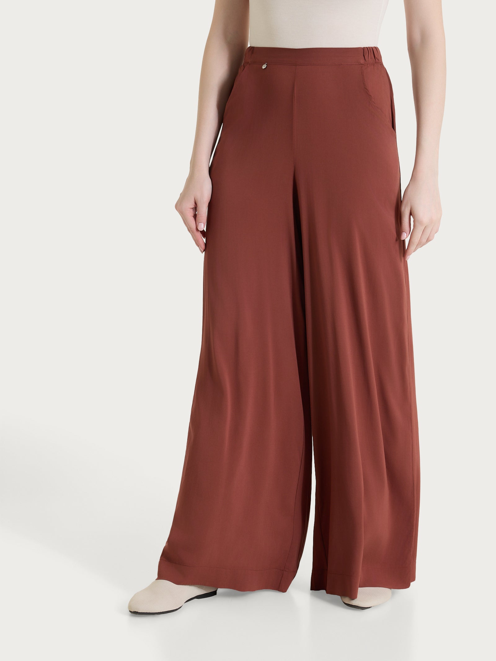 Pantalone a palazzo con tasche in Voile Stretch Marroni Donna - Ragno