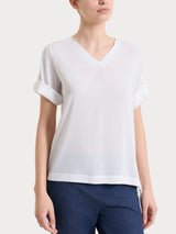 Blusa con scollo a V e manica risvoltabile in Voile Stretch Bianchi Donna - Ragno