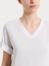 Blusa con scollo a V e manica risvoltabile in Voile Stretch Bianchi Donna - Ragno