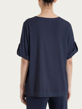 Blusa con scollo a V e manica risvoltabile in Voile Stretch Blu Donna - Ragno
