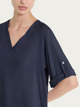 Blusa con scollo a V e manica risvoltabile in Voile Stretch Blu Donna - Ragno