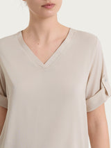 Blusa con scollo a V e manica risvoltabile in Voile Stretch Bianchi Donna - Ragno
