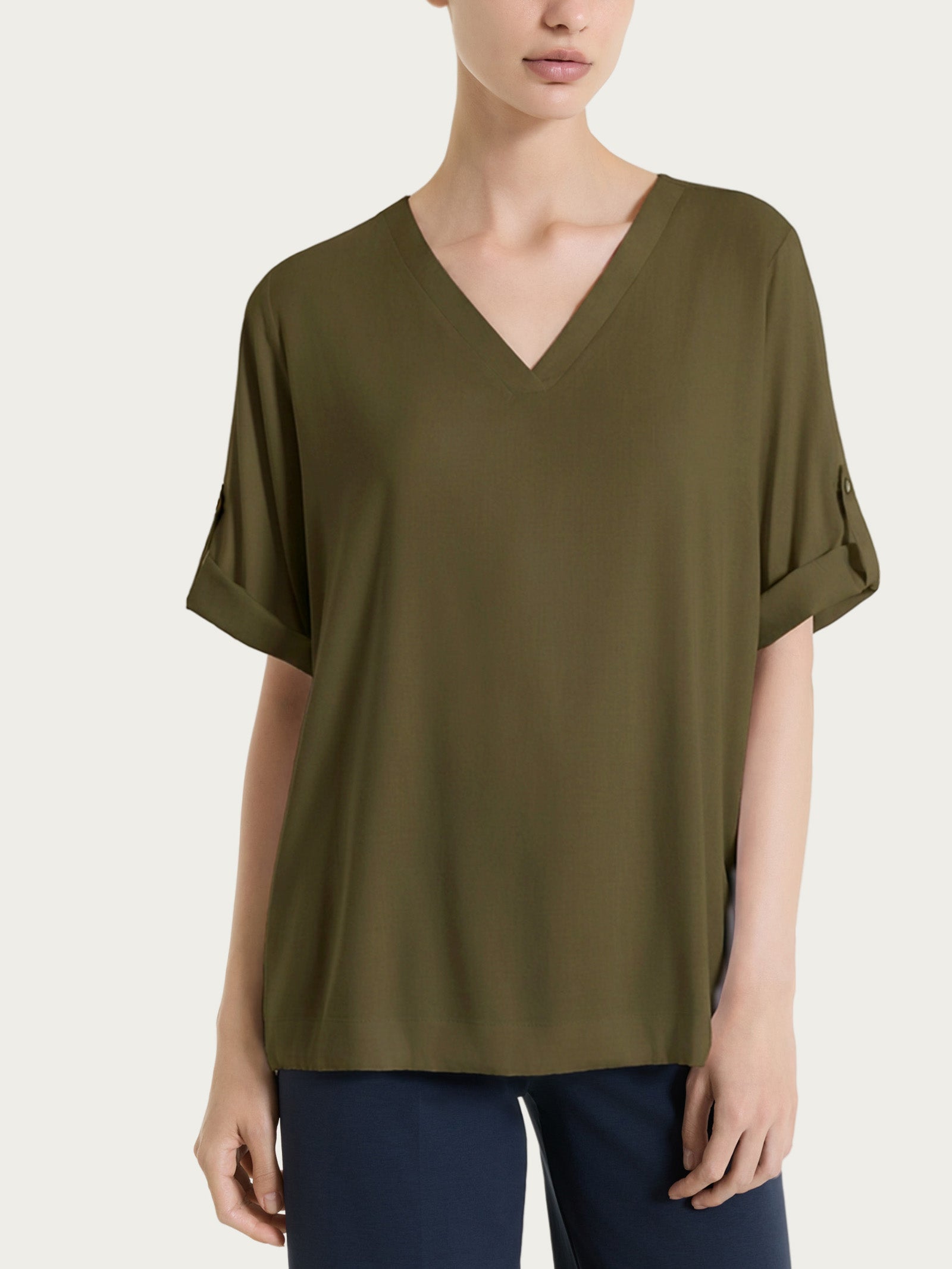 Green Women's Voile Stretch V-neck Blouse with Turn-Up Sleeve - Ragno