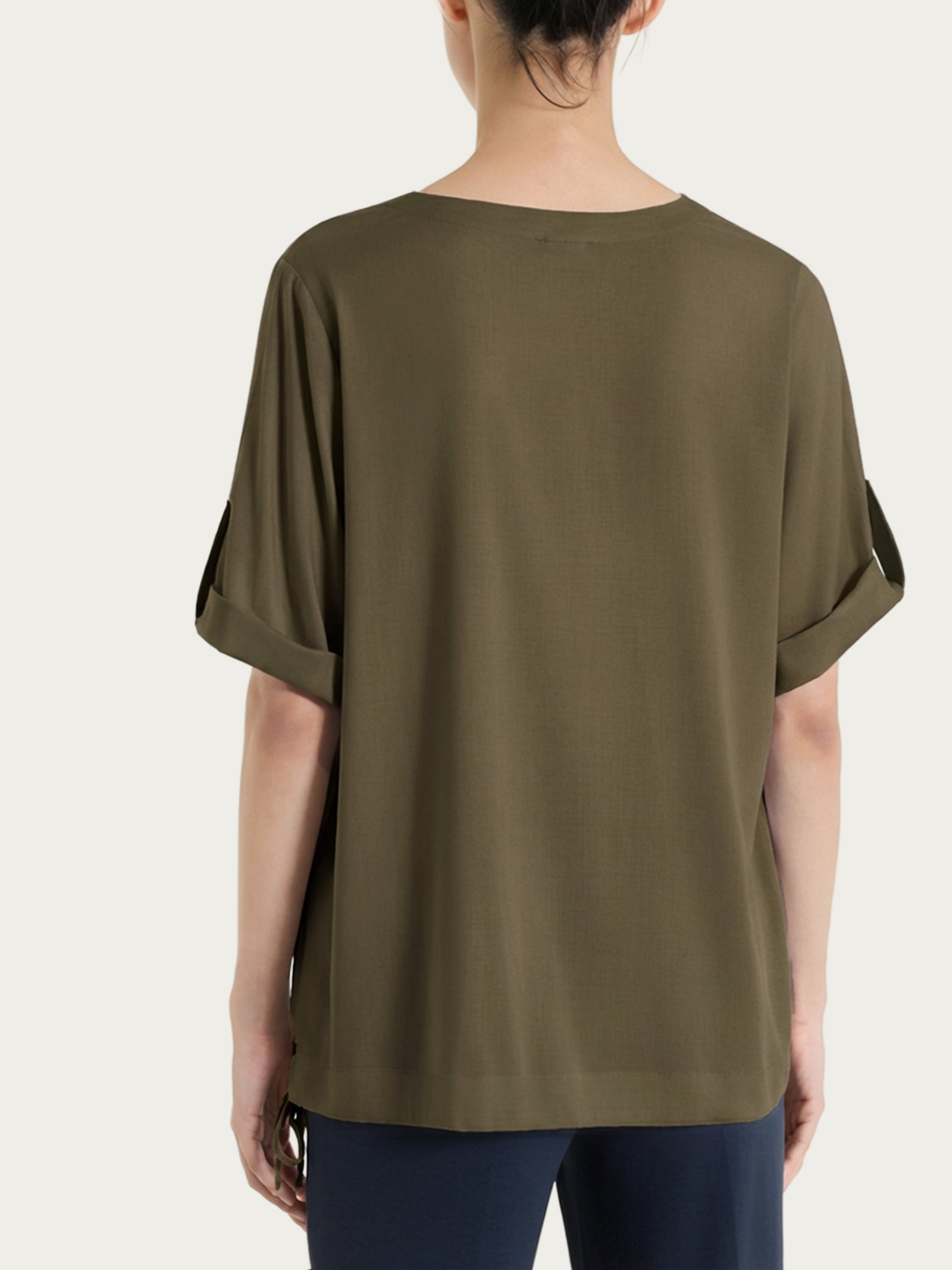 Green Women's Voile Stretch V-neck Blouse with Turn-Up Sleeve - Ragno