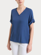 Blusa con scollo a V e manica risvoltabile in Voile Stretch Blu Donna - Ragno