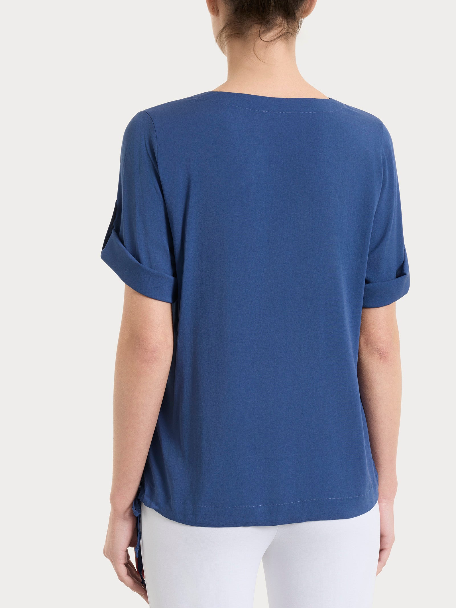Blusa con scollo a V e manica risvoltabile in Voile Stretch Blu Donna - Ragno