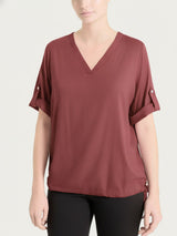 Blusa con scollo a V e manica risvoltabile in Voile Stretch Marroni Donna - Ragno