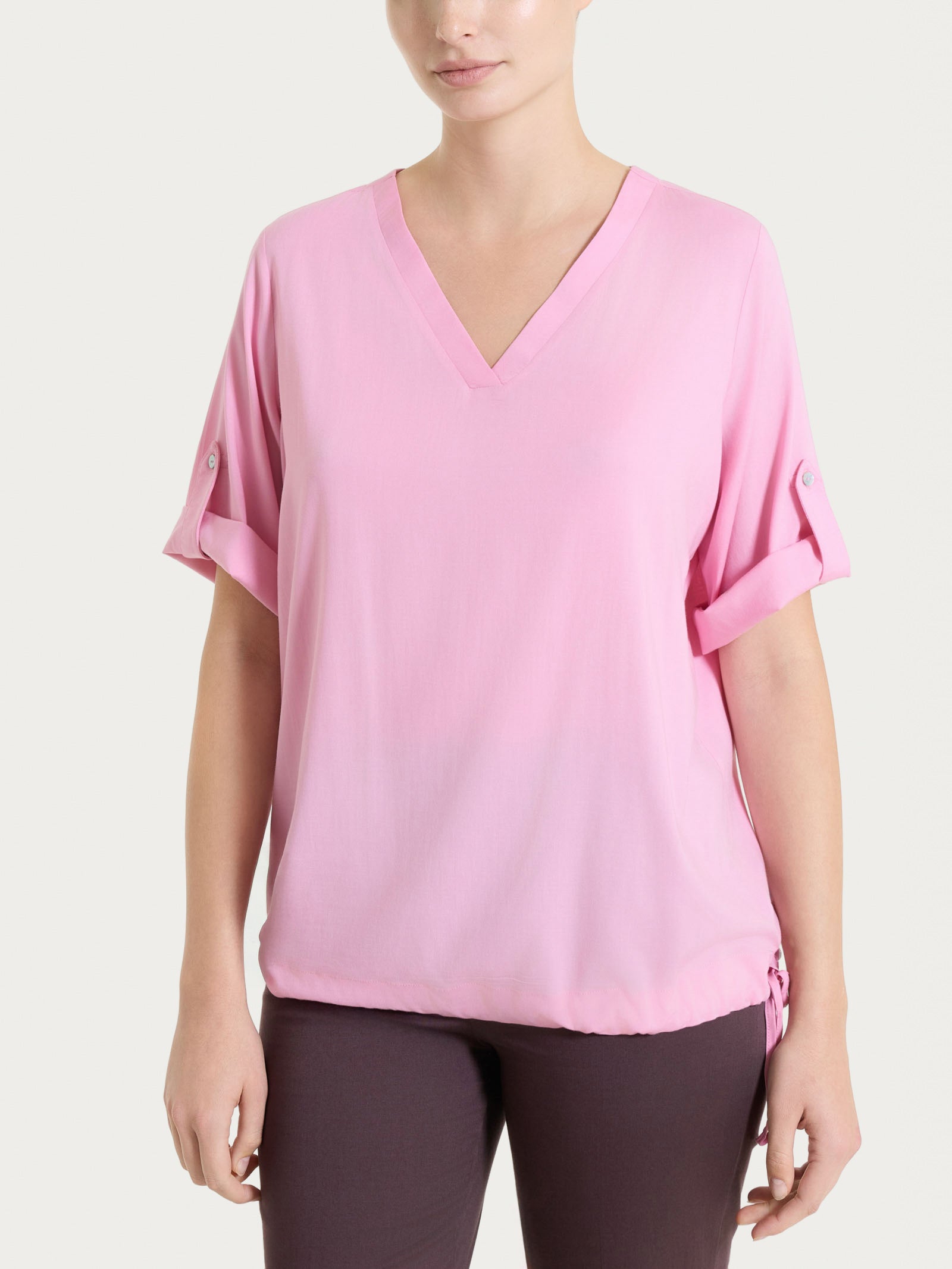 Blusa con scollo a V e manica risvoltabile in Voile Stretch Rosa Donna - Ragno
