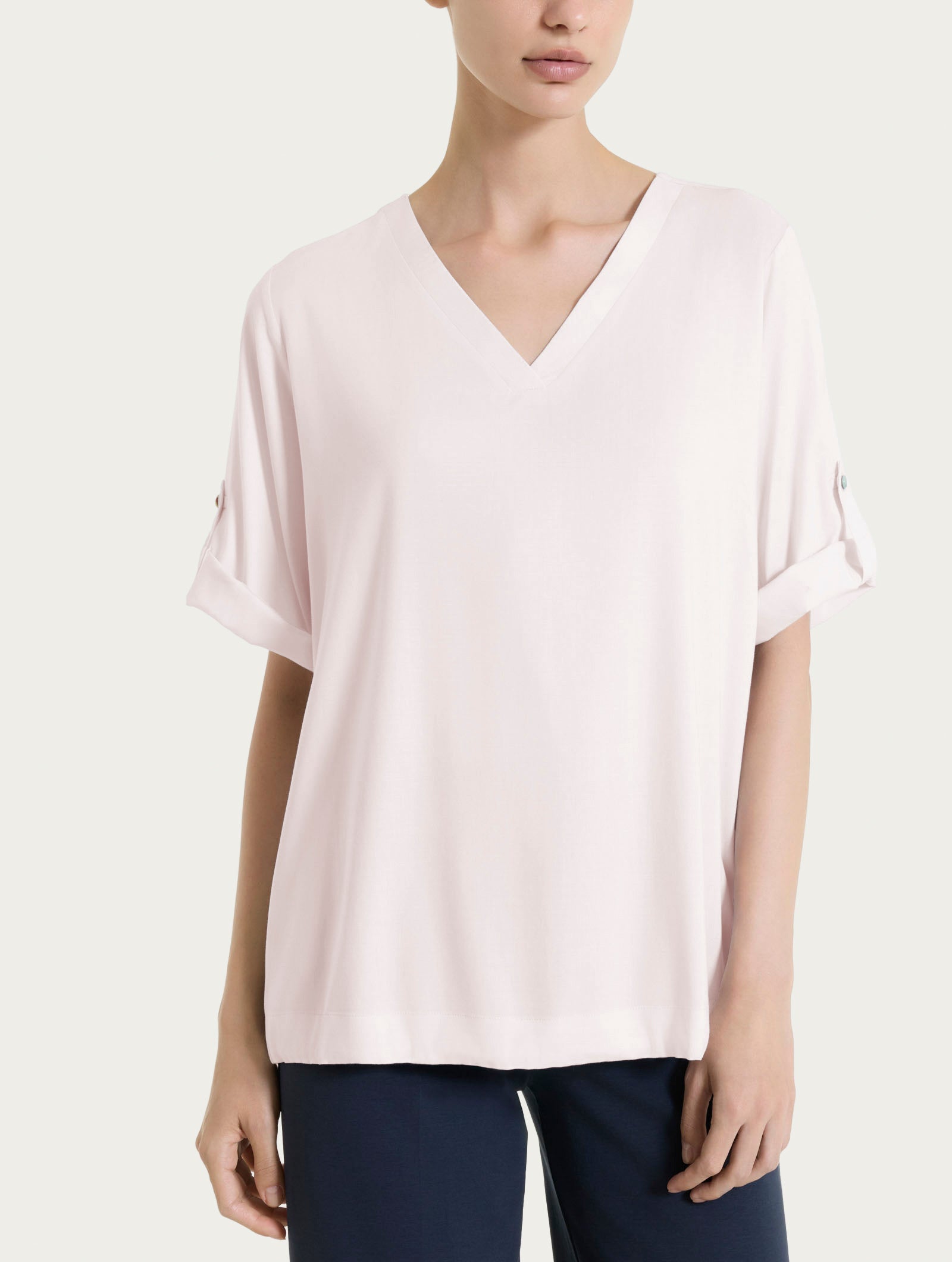 Blusa con scollo a V e manica risvoltabile in Voile Stretch Rosa Donna - Ragno