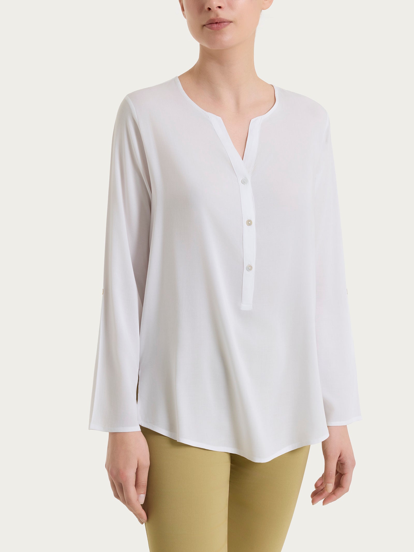 Blusa a serafino con manica risvoltabile in Voile Stretch Bianchi Donna - Ragno