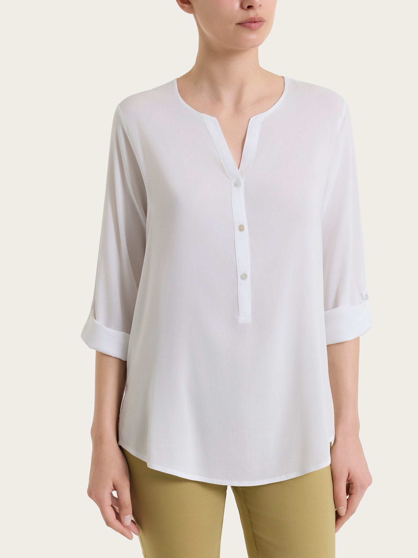 Blusa a serafino con manica risvoltabile in Voile Stretch Bianchi Donna - Ragno