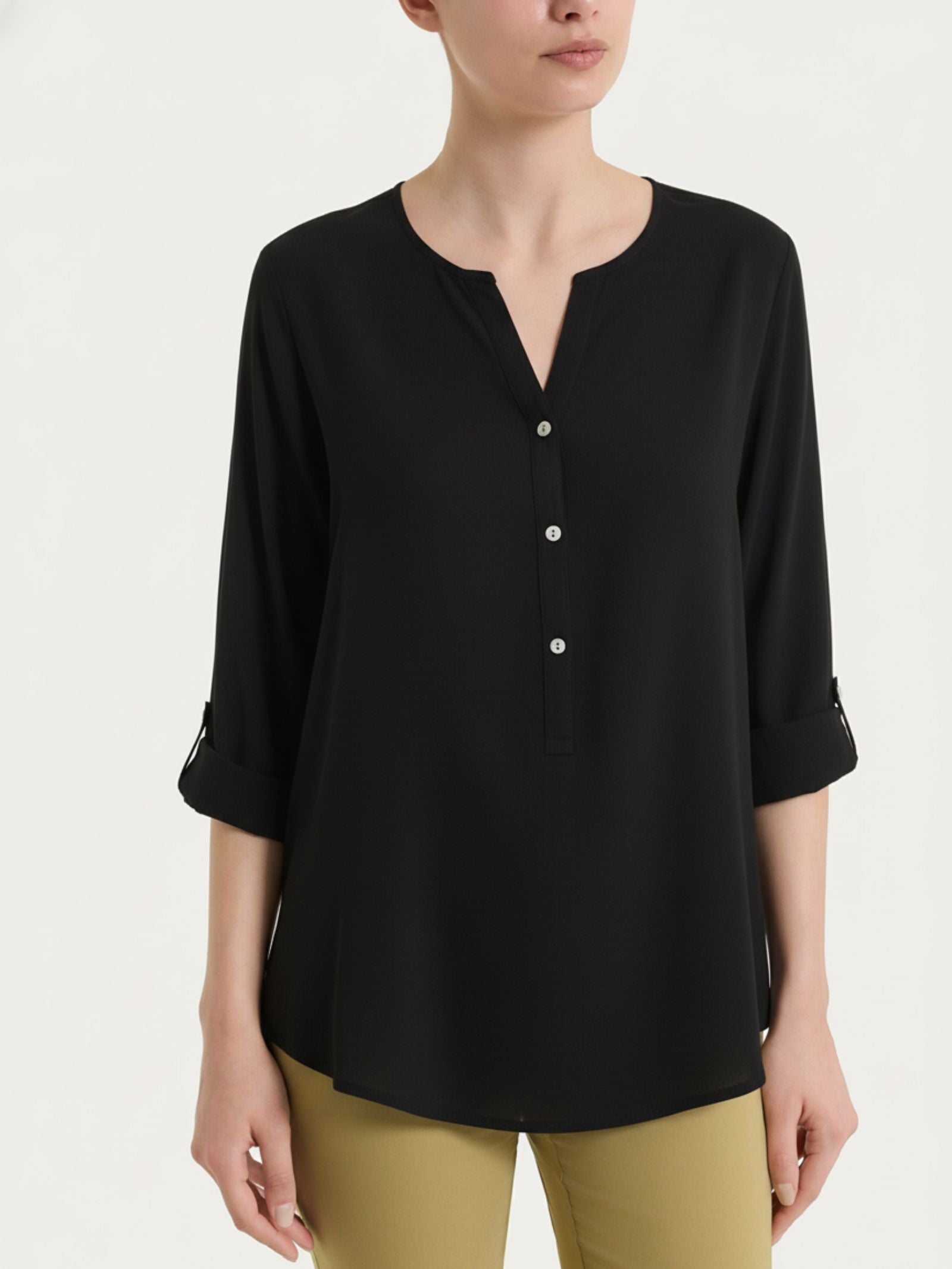 Blusa a serafino con manica risvoltabile in Voile Stretch Neri Donna - Ragno