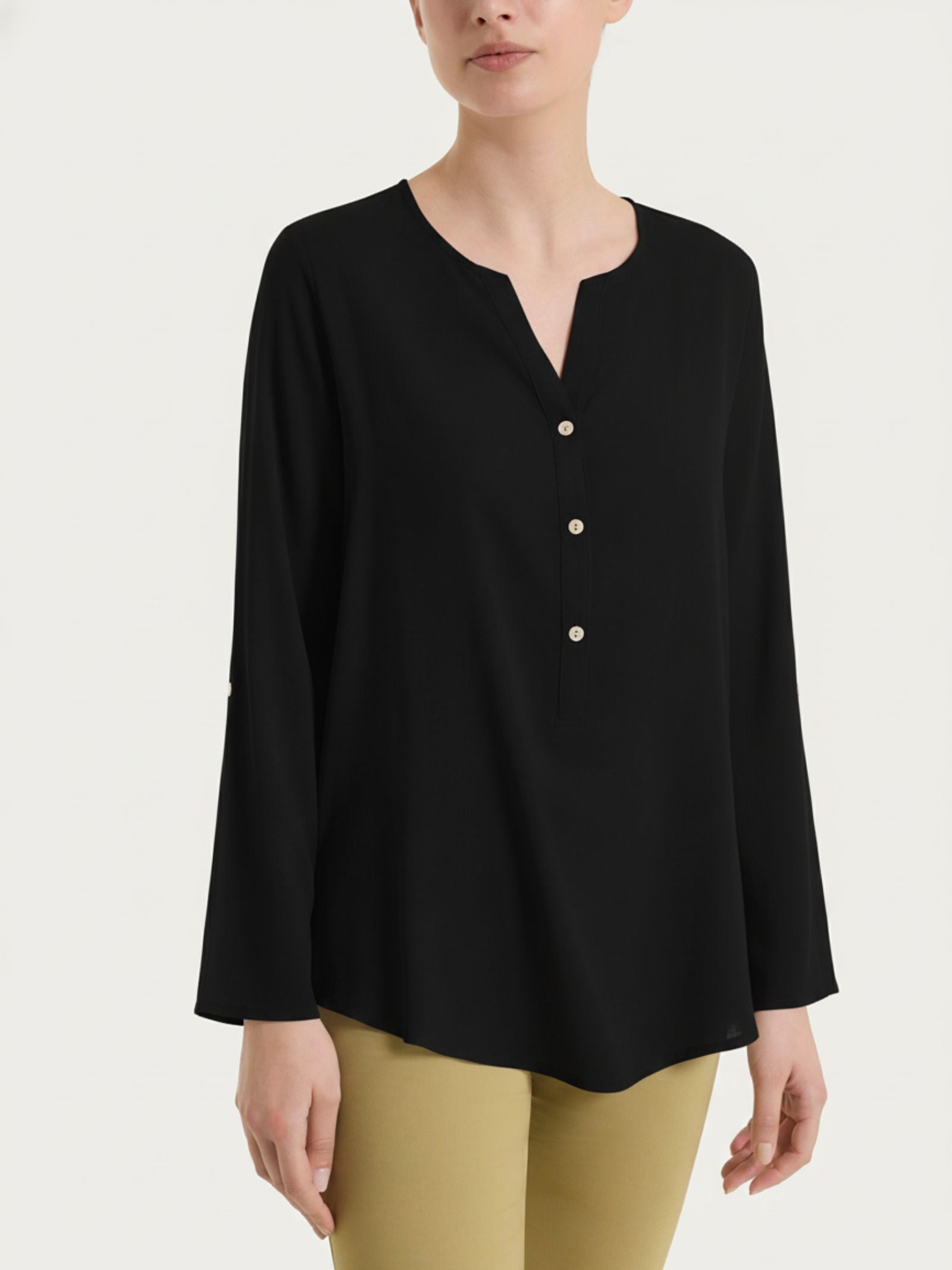 Blusa a serafino con manica risvoltabile in Voile Stretch Neri Donna - Ragno