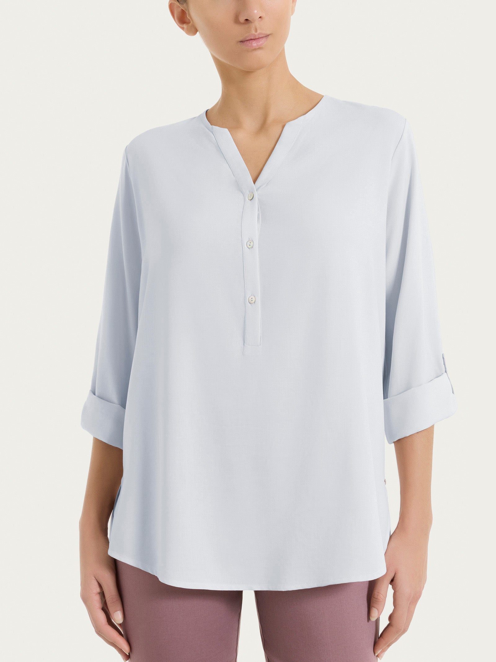 Blusa a serafino con manica risvoltabile in Voile Stretch Rosa Donna - Ragno