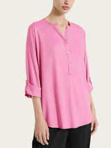 Blusa a serafino con manica risvoltabile in Voile Stretch Rosa Donna - Ragno