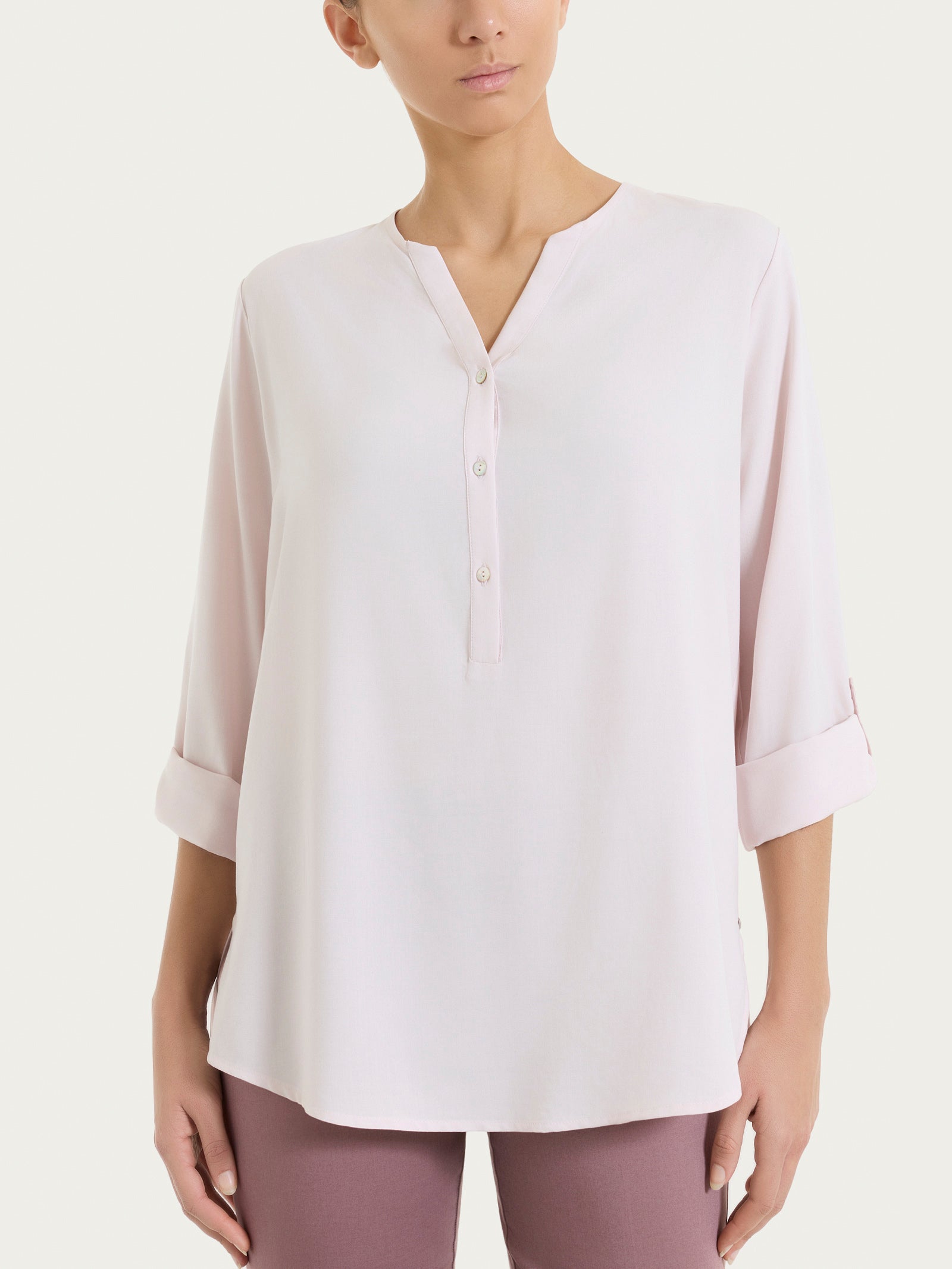 Blusa a serafino con manica risvoltabile in Voile Stretch Rosa Donna - Ragno