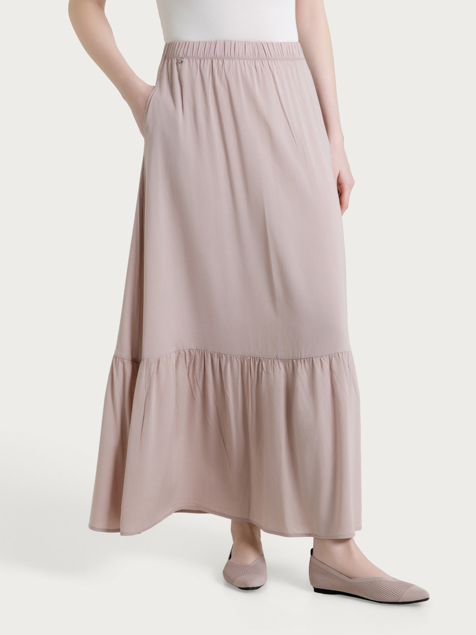 Pink Women's Voile Stretch Ruffle Long Skirt - Ragno