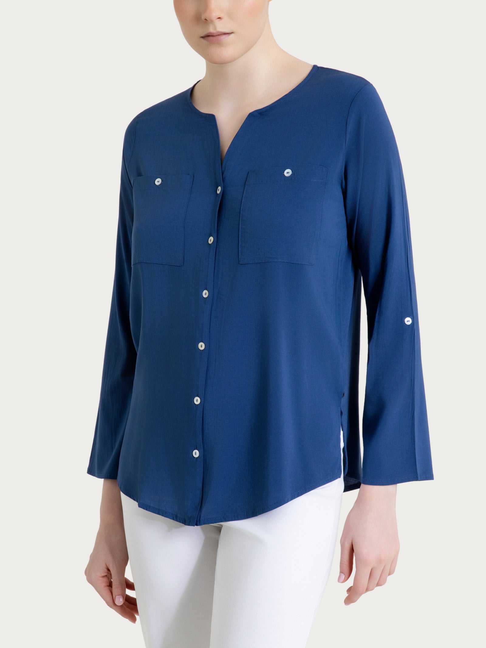 Camicia con manica risvoltabile in Voile Stretch Blu Donna - Ragno