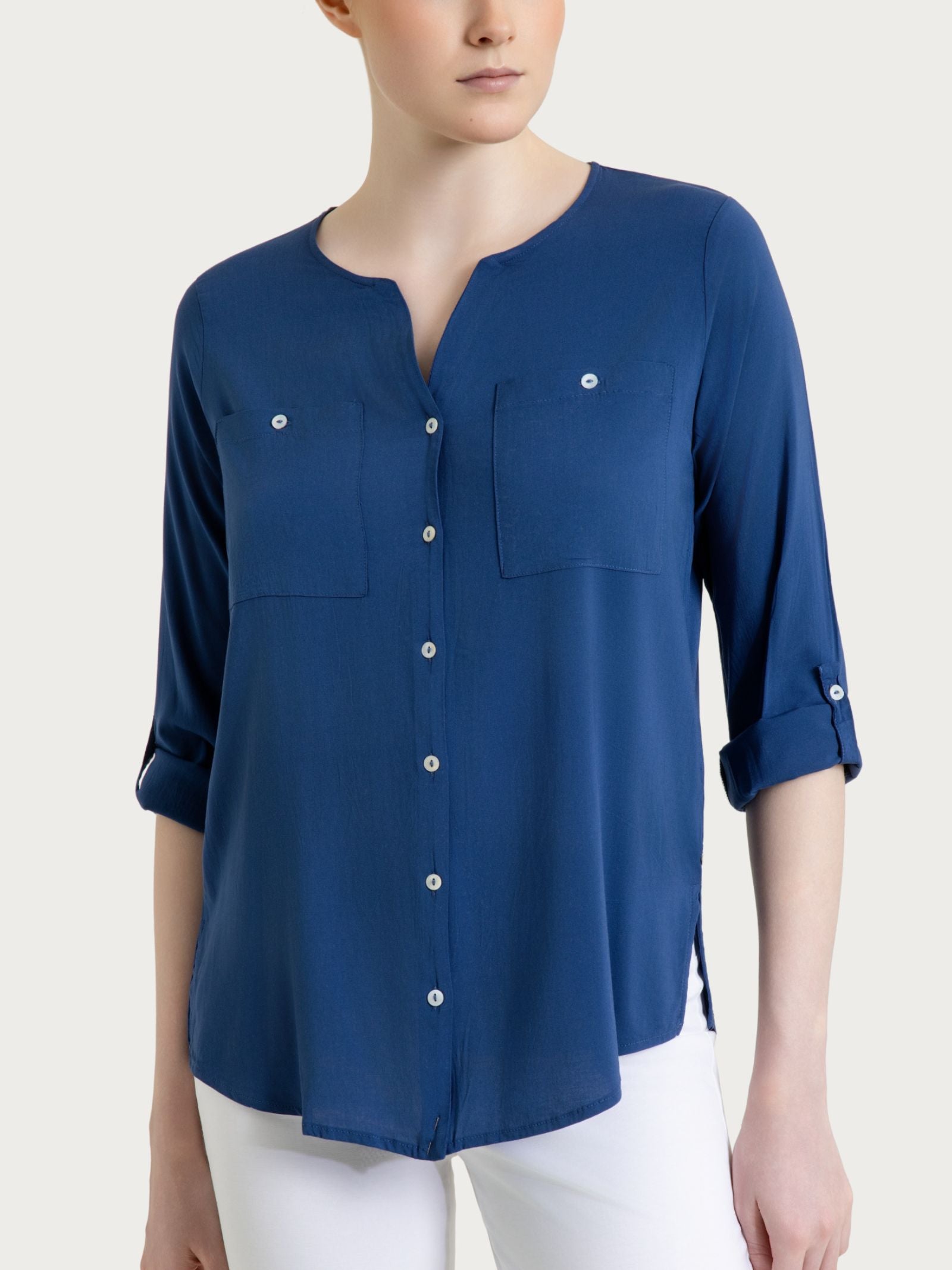 Camicia con manica risvoltabile in Voile Stretch Blu Donna - Ragno