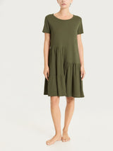 Kurzes Kleid mit asymmetrischen Rüschen aus grünem Cotton Slub Jersey Woman - Ragno