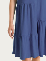 Vestito corto con balze asimmetriche in Slub Jersey di Cotone Blu Donna - Ragno